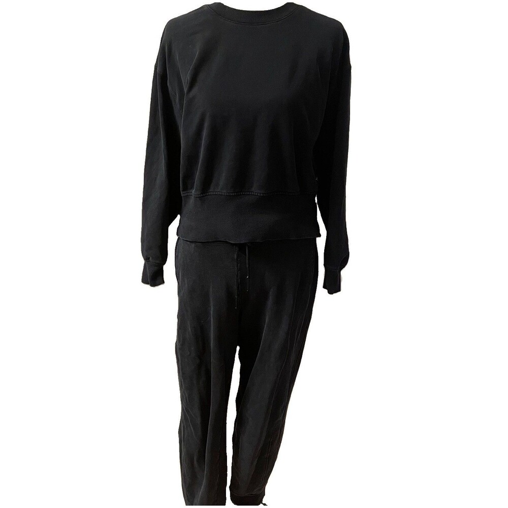 JoyLab French Terry Sweatshirt Joggers Set S Black Acid Wash Lounge Crop Cozy